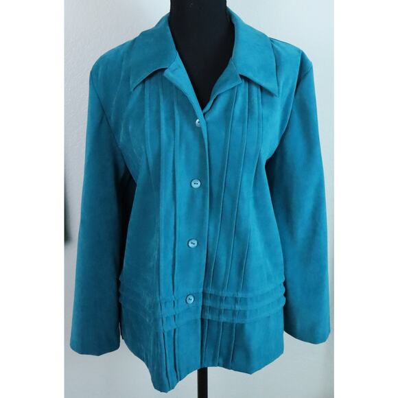 Vintage 90s KORET Teal Blue Green Microsuede Skirt Suit Set Jacket 14 Old Money - Picture 3 of 8